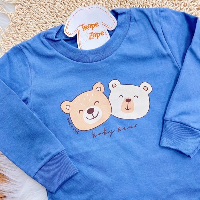 Conj. Blusa Manga Longa Baby Bear e Calça Malha Waffle - Azul Marinho